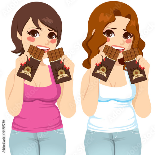 Two fat women eating two chocolate bars each like there is no tomorrow with guilt expression