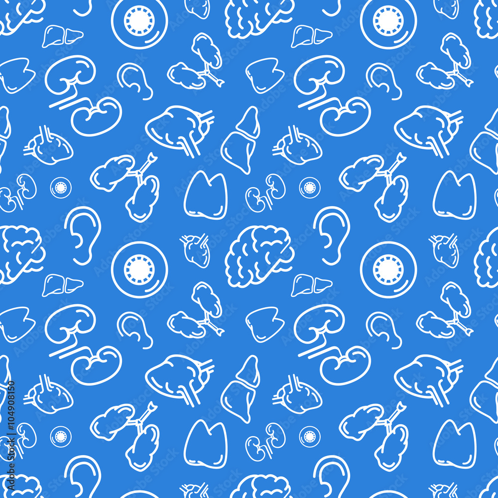 White outline human organs on blue, seamless pattern White outline human organs on blue, seamless pattern