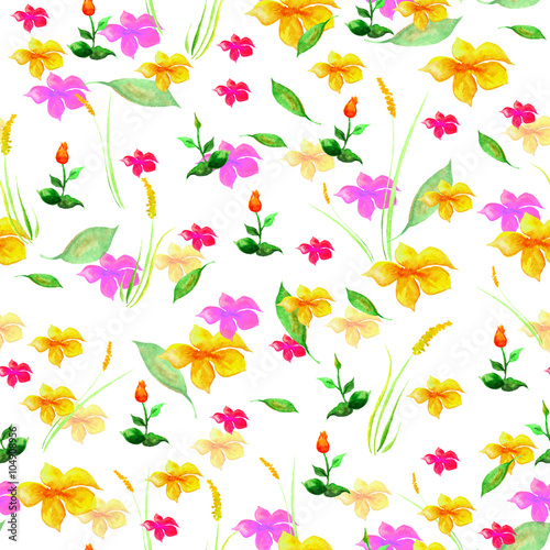 The pattern of bright flowers in watercolor