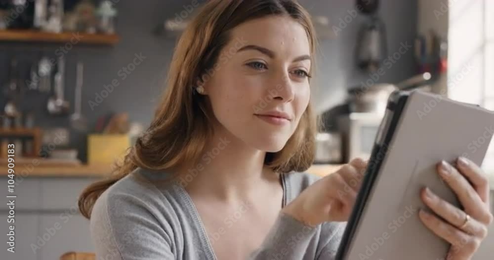 Happy beautiful woman using digital tablet at home