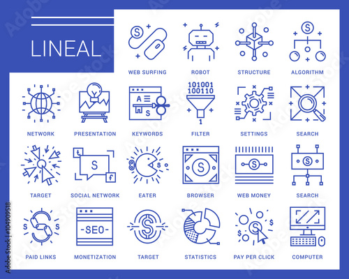 Line vector icons in a modern style. Pay per click , promotion and monetizing of website, marketing and public relations, network access, search engine optimization, affiliate program.