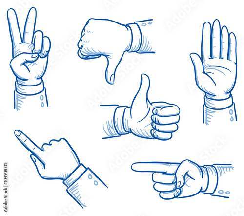 Set of business man hands showing different signs, success, pointing, like, dislike, stop. Hand drawn vector cartoon Illustration