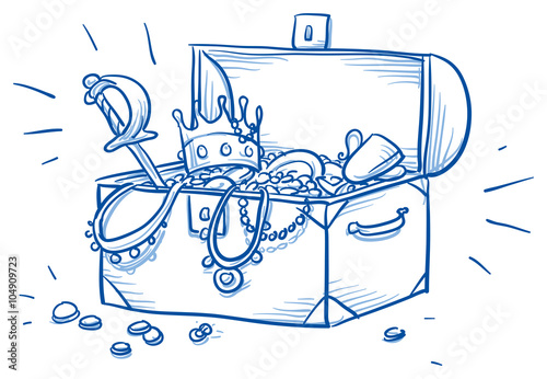 Wooden box and treasure chest, full of gold coins, necklaces and other jewelry, hand drawn vector illustration.