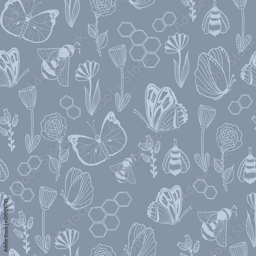 Honey Meadows seamless vector pattern. Flowers, bees, butterflies, honeycombs. Cute summer theme for scrapbook paper, fabrics and web.