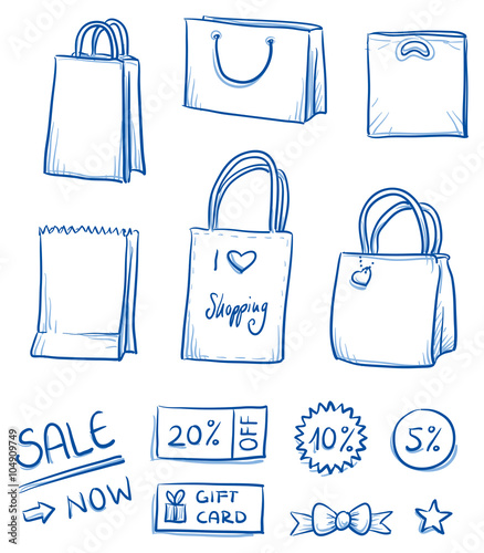 Set of shopping bags, paper and plastic bags, sales sticker. Hand drawn vector illustration.