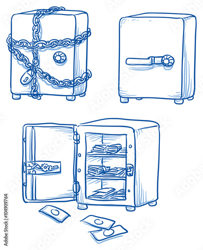 Safe boxes open and closed, locked with chains, open with money. Hand drawn vector illustration.