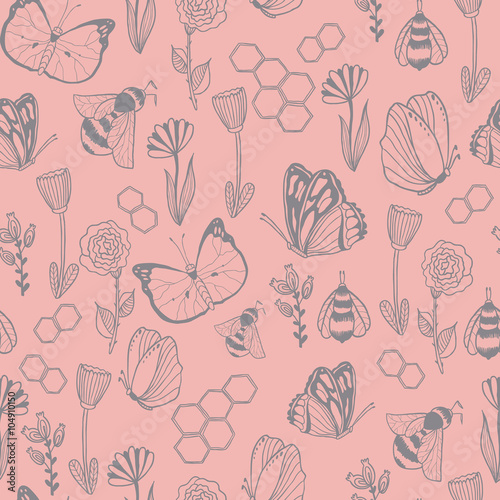 Honey Meadows seamless vector pattern. Flowers, bees, butterflies, honeycombs. Cute summer theme for scrapbook paper, fabrics and web.