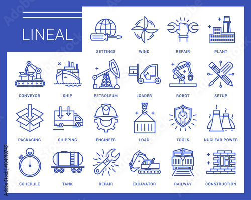 Line vector icons in a modern style. Heavy industry, delivery of goods by land, air and sea transport, species by professional activities, railways, conveyer