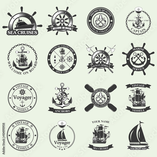 Set of vintage nautical labels, icons and design elements. 