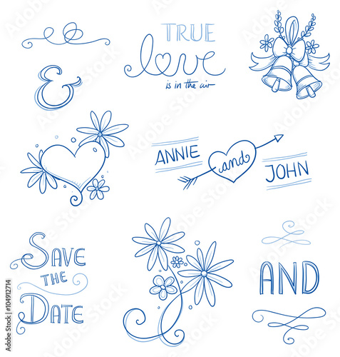 Set of romantic love ornaments for valentine, engagement, wedding invitation, save the date card. Hand drawn vector illustration