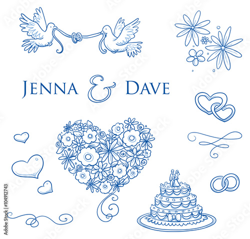 Set of romantic love ornaments for valentine, engagement, wedding invitation, save the date card. With flowers, hearts, swifts, lines, typographic elements. Hand drawn vector illustration