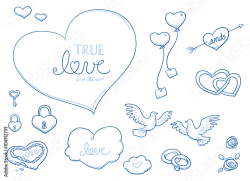 Set of romantic love ornaments for valentine, engagement, wedding invitation, save the date card. With flowers, hearts, swifts, lines, typographic elements. Hand drawn vector illustration