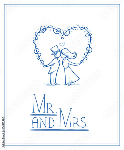 Cartoon love wedding couple for engagement or marriage invitation, save the date card. Hand drawn vector illustration