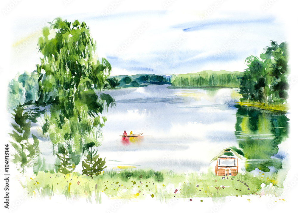 Naklejka premium Lake. Valday. Russian landscape background. Watercolor hand drawing illustration.