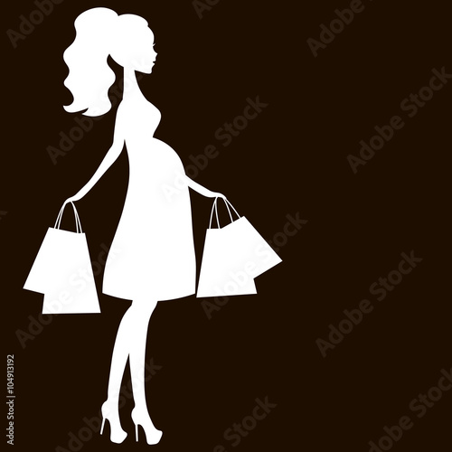 vector illustration of modern pregnant mommy, the woman does the shopping online store, logo, silhouette, stylized symbol of mother's, sale icon white on black background