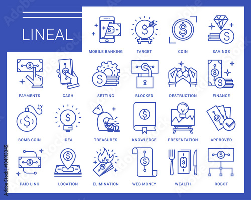 Line vector icons in a modern style. Business and finance, mobile payments, e-currency, speculation, mobile banking.