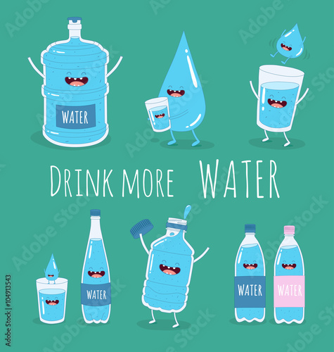 Water set. Funny big and small bottle of water, glass of water and drop water with the inscription drink more water. Vector illustration.