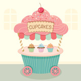 Vector cupcake push cart on street background.Pastel color cute style.