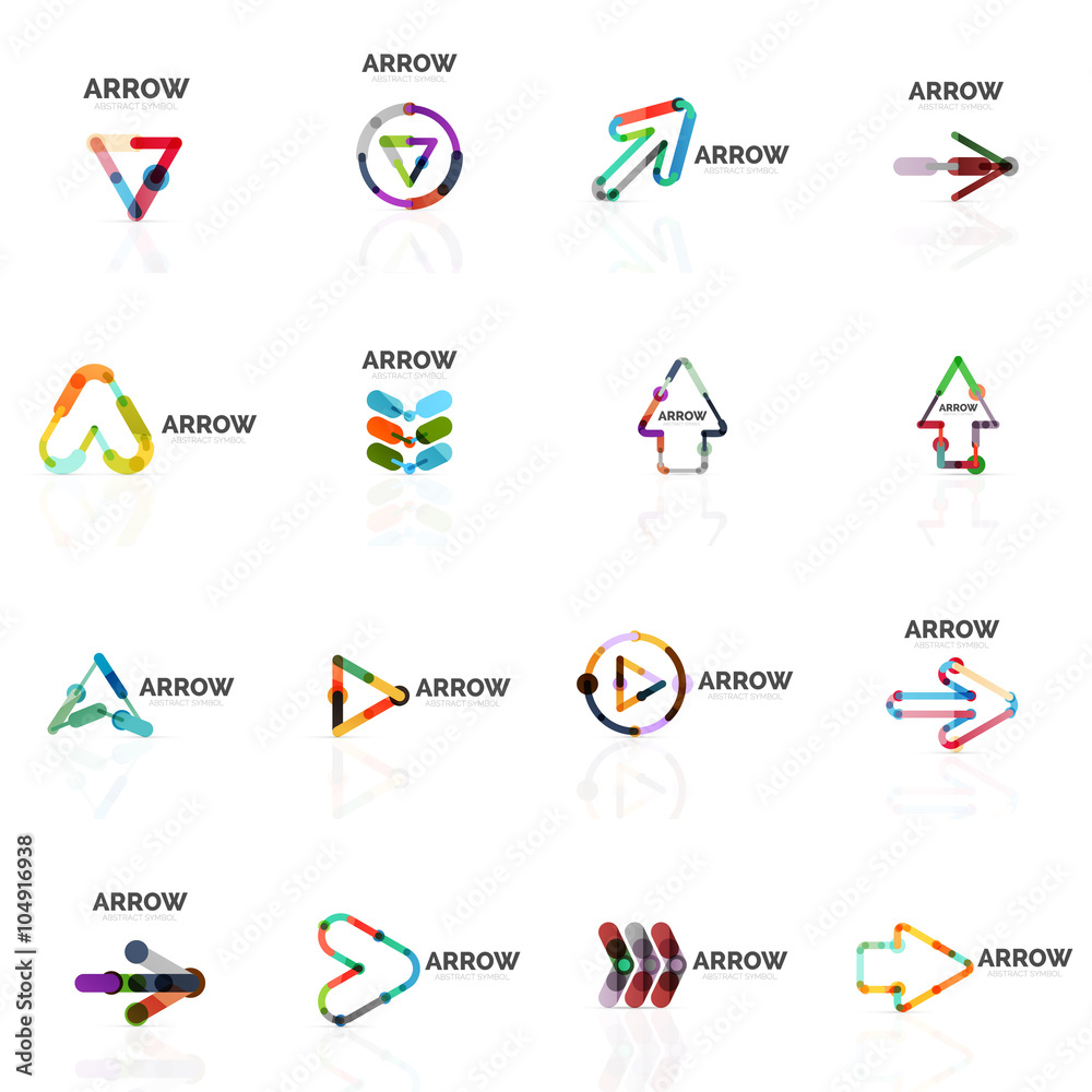 Set of linear arrow abstract logos, connected multicolored segments lines in directional pointer figures Set of linear arrow abstract logos, connected multicolored segments lines in directional pointer figures
