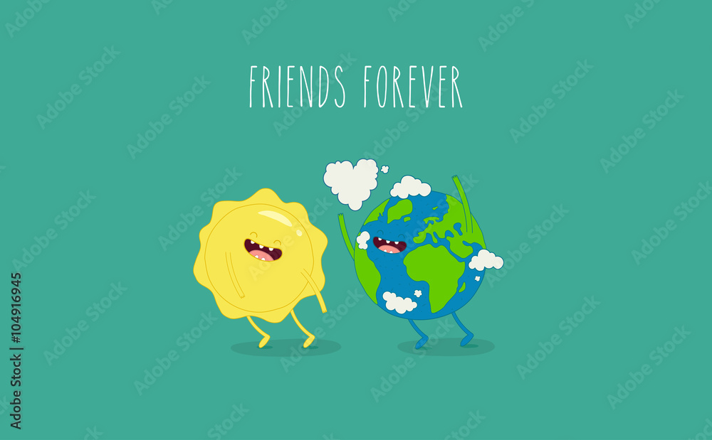 Obraz premium Funny planet earth gives your love the sun. Use for card, poster, banner, web design and print on t-shirt. Easy to edit. Vector illustration.