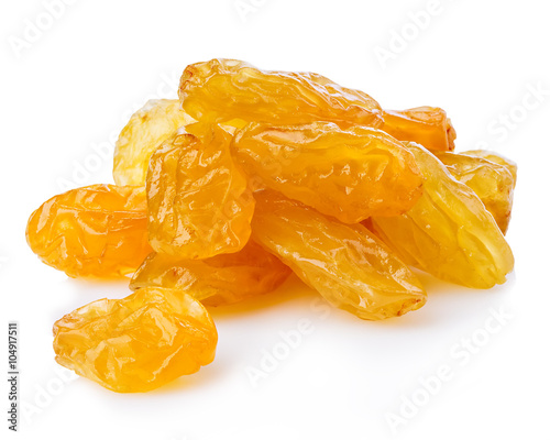 Yellow sultanas raisins close-up isolated on a white background.