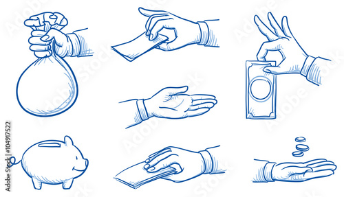 Set of hands holding money, take or give coins and notes. Hand drawn vector cartoon doodle illustration