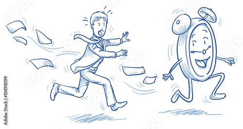 Running out of time - stressed business man chasing a clock. Hand drawn vector cartoon doodle illustration