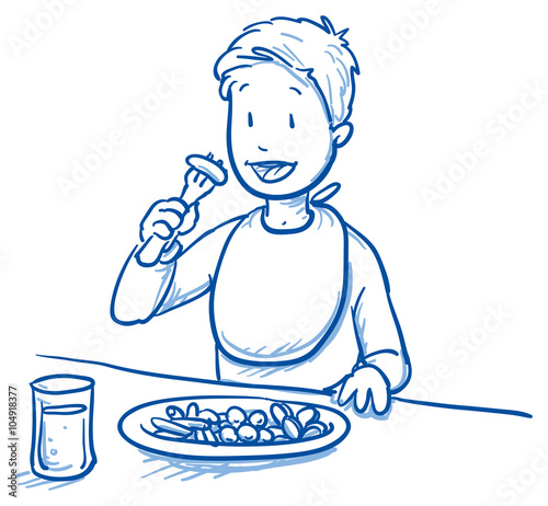 Cute little boy eating his meal. Hand drawn cartoon doodle vector illustration.
