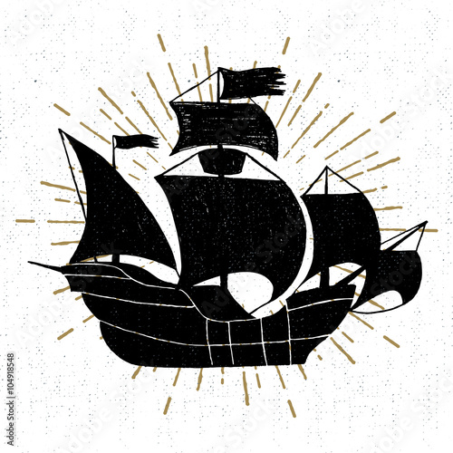 Vászonkép Hand drawn textured vintage icon with galleon ship vector illustration