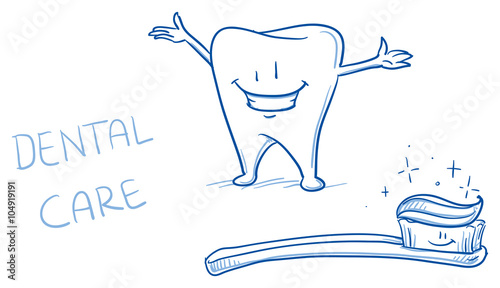 Cute happy cartoon tooth shiny white with toothbrush. Hand drawn line art cartoon vector illustration.