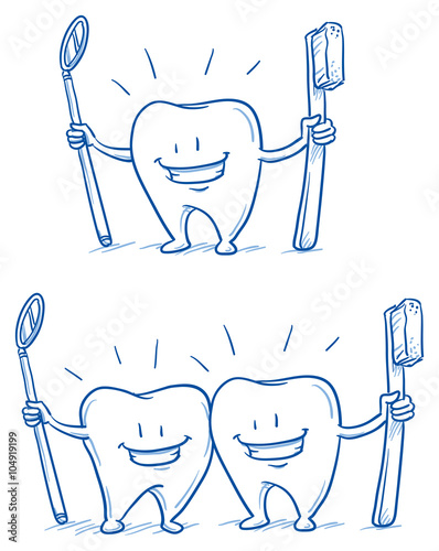 Cute happy cartoon tooth shining white with toothbrush and mirror. Hand drawn line art cartoon vector illustration.