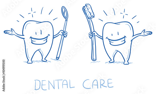 Cute happy cartoon tooth shining white with toothbrush and mirror. Hand drawn line art cartoon vector illustration.