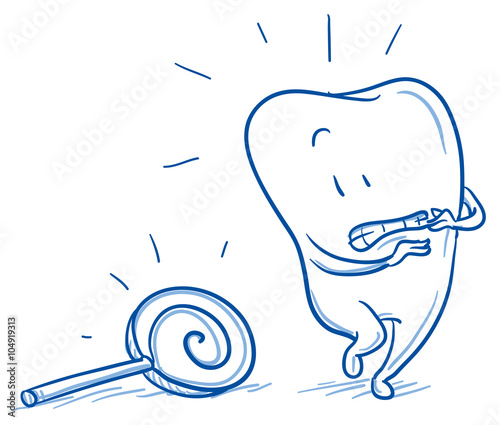 Cute cartoon tooth being afraid of candy, sensitive teeth. Hand drawn line art cartoon vector illustration.