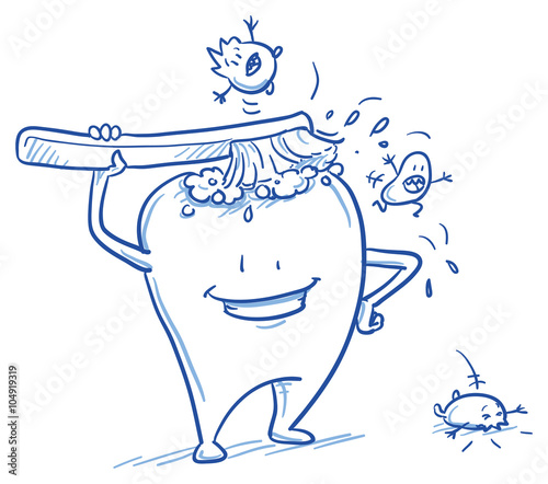 DruckCute cartoon tooth cleaning himself with a brush, scaring off the bacteria. Hand drawn line art cartoon vector illustration.