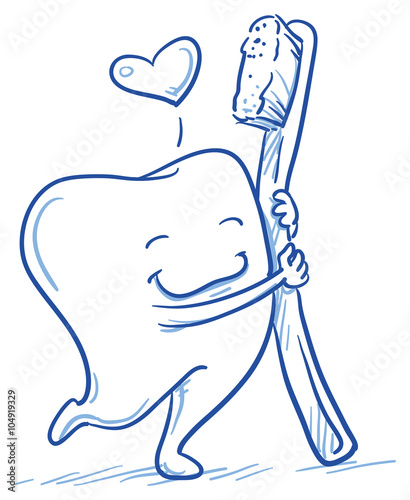 Cute cartoon tooth in love hugging his toothbrush. Hand drawn line art cartoon vector illustration.