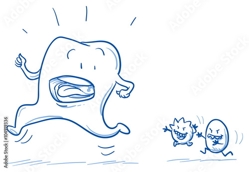 Cute cartoon tooth being chased by two bacterias. Hand drawn line art cartoon vector illustration.