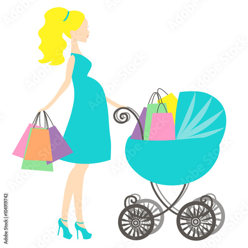 vector of modern pregnant mommy with turquoise blue vintage  baby carriage, the woman does the shopping online store, logo,silhouette, stylized symbol of mother's, sale icon on white background
