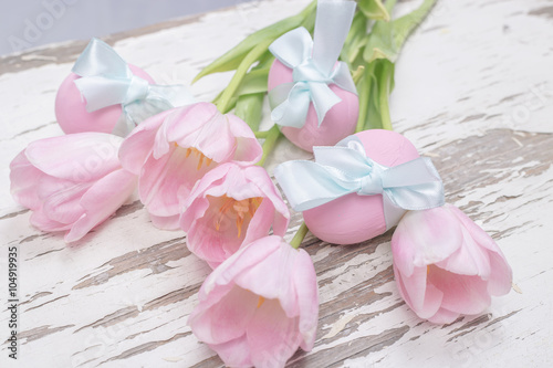 Pink eggs and tulips for Easter 