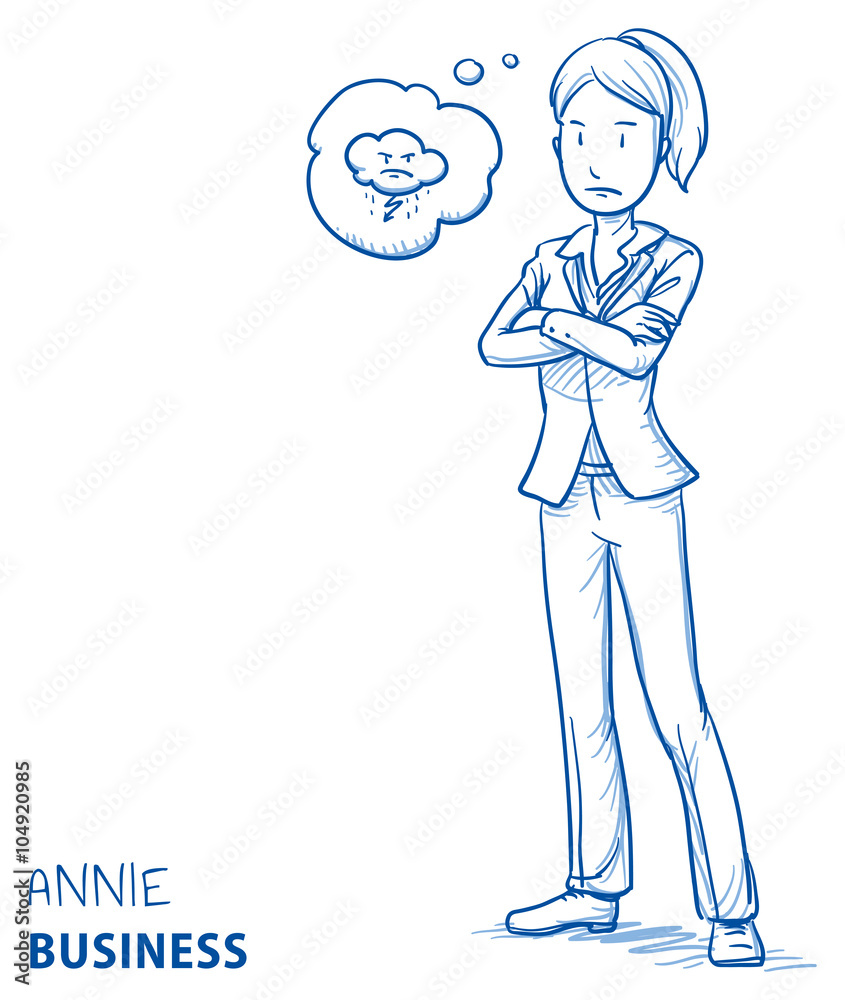 Angry young woman in business clothes with folded arms and dark cloud in a thought bubble. Hand drawn line art cartoon vector illustration. Angry young woman in business clothes with folded arms and dark cloud in a thought bubble. Hand drawn line art cartoon vector illustration.