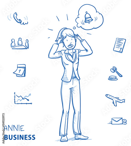 Stressed young woman in business clothes in panic with alarm bell in a thought bubble as if she forgot something to do or is late. Hand drawn line art cartoon vector illustration.