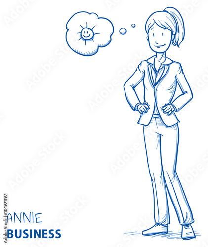 Happy young woman in business clothes in good mood with sun in a thought bubble. Hand drawn line art cartoon vector illustration.