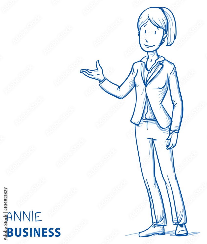 Happy young woman in business clothes holding hand as if explaining or presenting something (e.g product). Hand drawn line art cartoon vector illustration. Happy young woman in business clothes holding hand as if explaining or presenting something (e.g product). Hand drawn line art cartoon vector illustration.