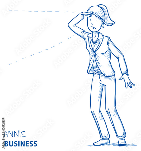 Young woman in business clothes holding a hand above her eyes, searching for something. Hand drawn line art cartoon vector illustration.