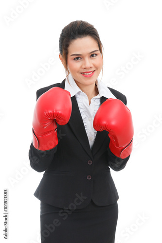 Asian business woman with boxing gloves isolated on white backgr © ijacky
