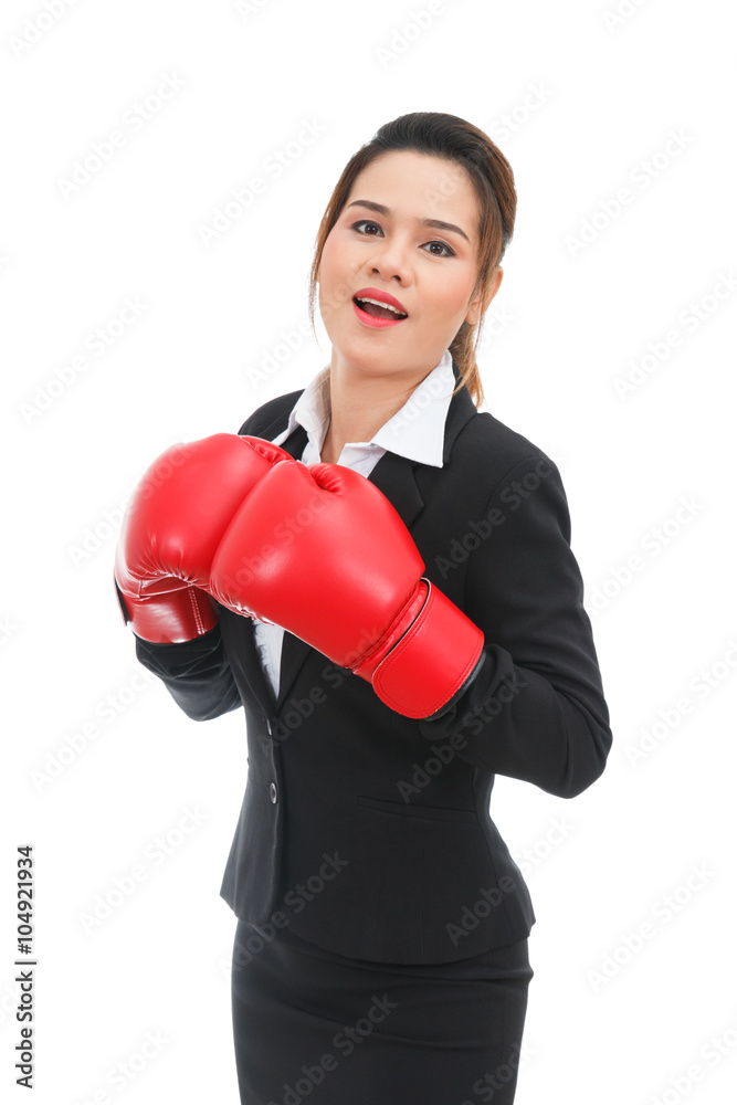 Asian business woman with boxing gloves isolated on white backgr Asian business woman with boxing gloves isolated on white backgr