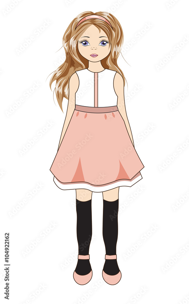 the little lovely girl with long hair, in a pink dress the little lovely girl with long hair, in a pink dress