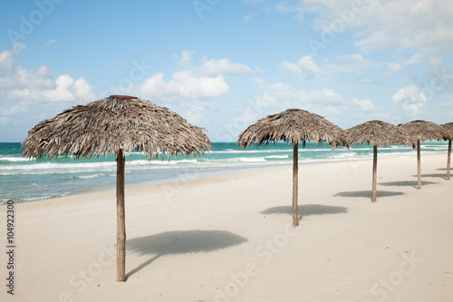 Umbrellas from royal palm leaves, parasole on sandy beach in Var © Samo Trebizan