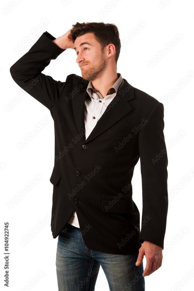 Confident businessman standing thinking, searching solution. Con Confident businessman standing thinking, searching solution. Con