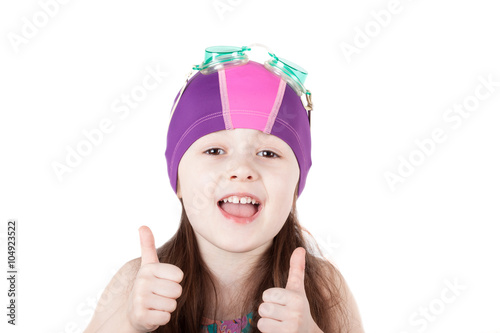 happy child girl in swimming cap isolated on white background