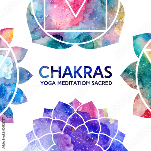 Vector background. Watercolor chakras on white background, colorful frame, bright texture. Perfect for yoga, spa, meditation practice, ayurveda invitations, greetings